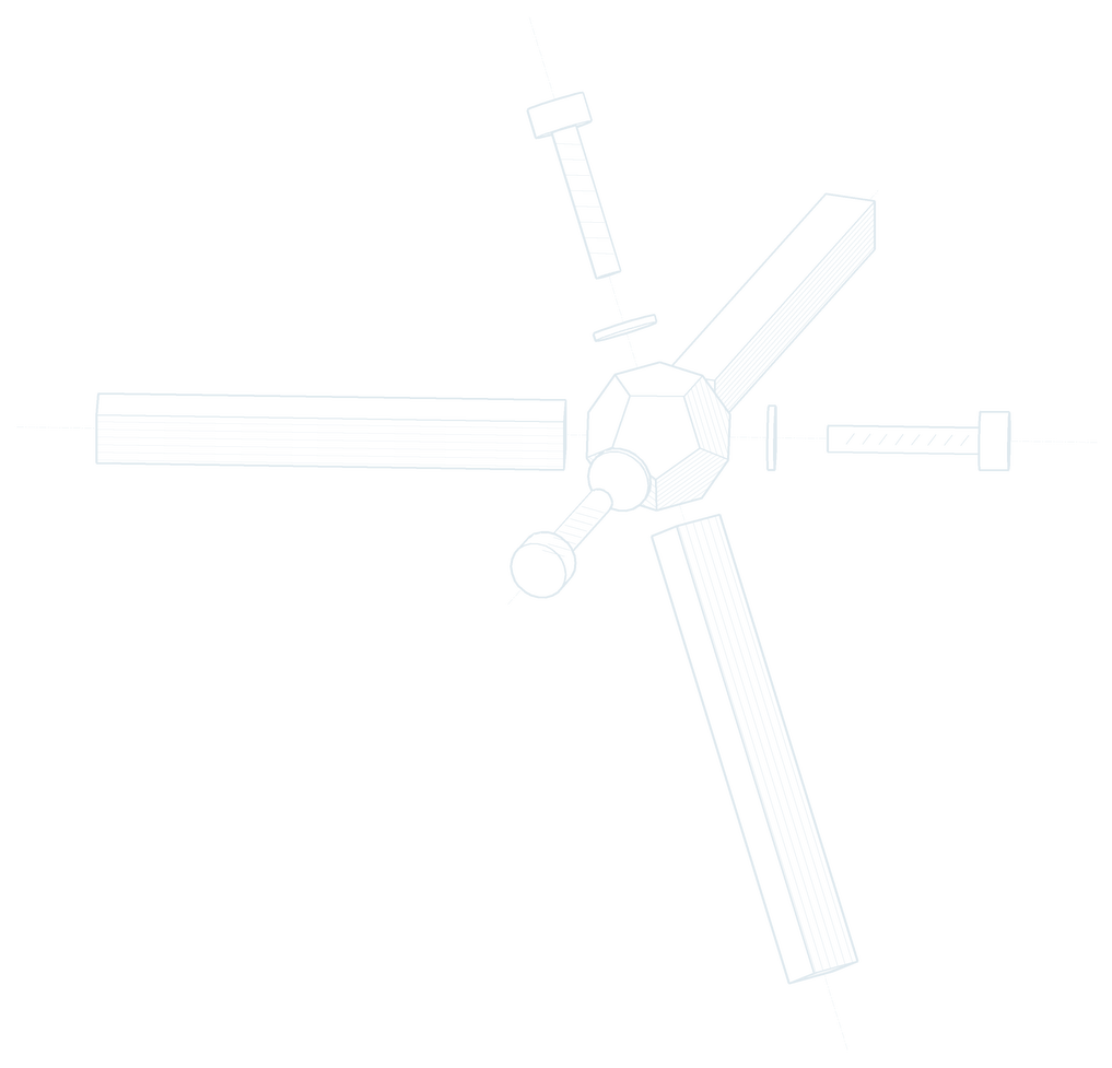 One corner of the frame: three struts, the node and its screws