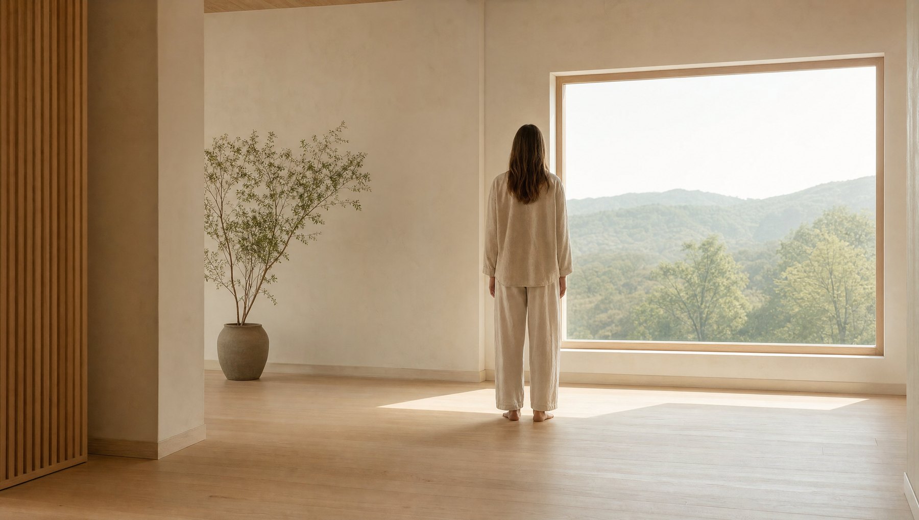 A person standing at a picture window looking out at green hills