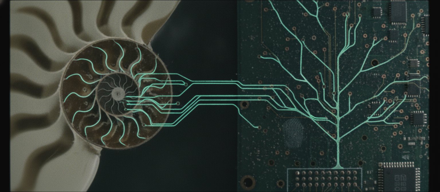 A nautilus shell's spiral beside a circuit board whose traces branch like a tree