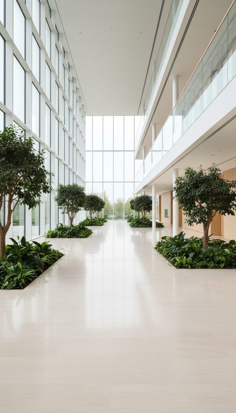 A bright, empty civic atrium: indoor trees on both sides, a glass wall behind them, and a pale stone floor