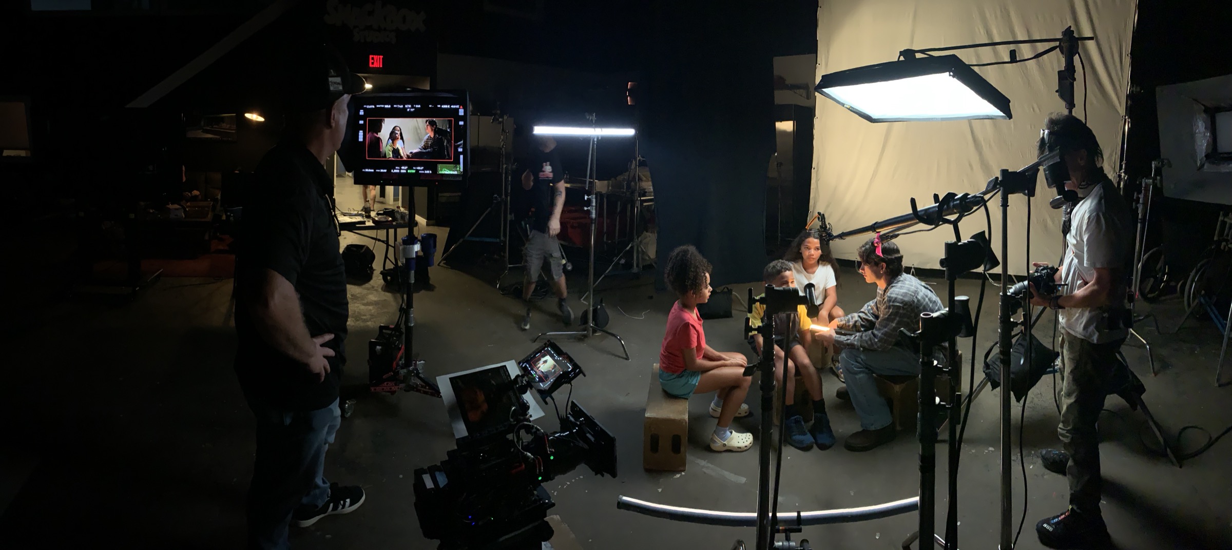 On set, wide, child actors and crew