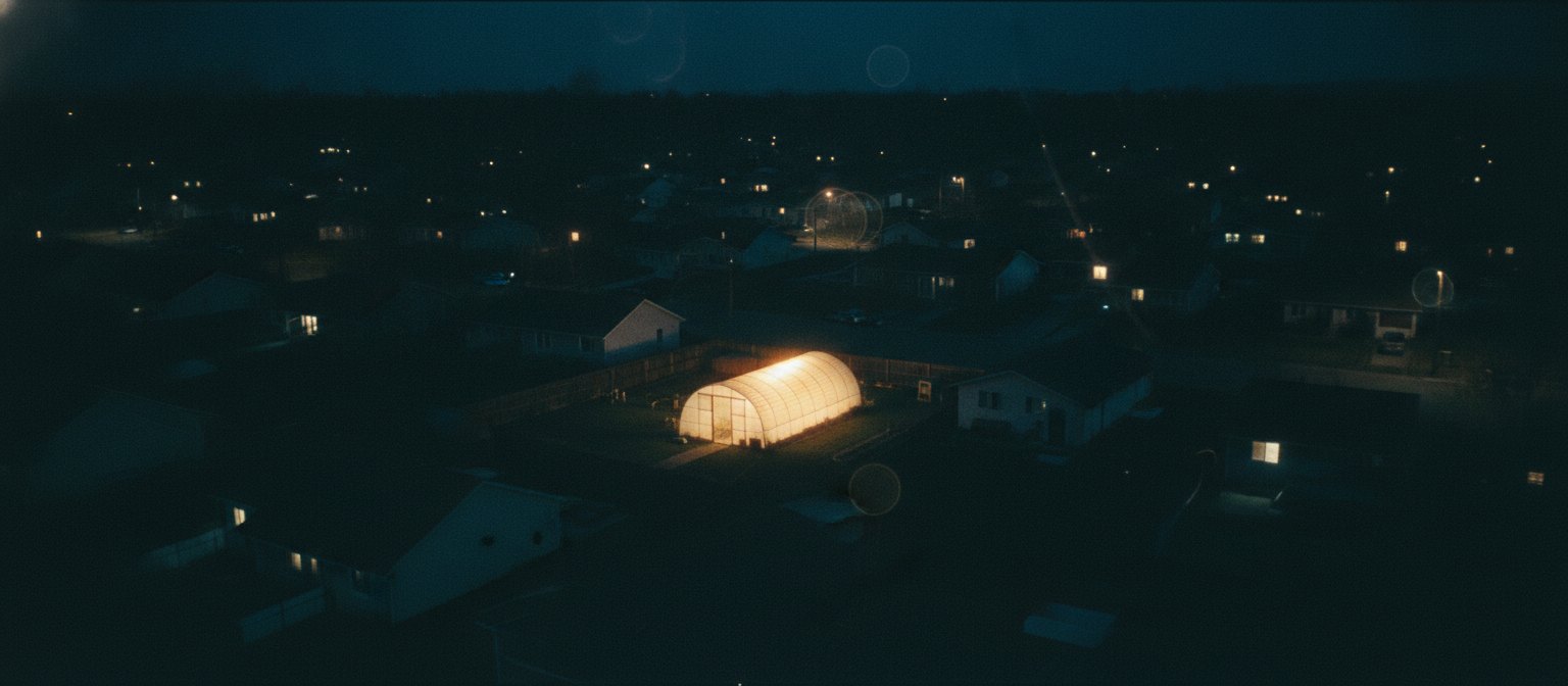 The same greenhouse at night, seen from above, glowing from inside among dark houses